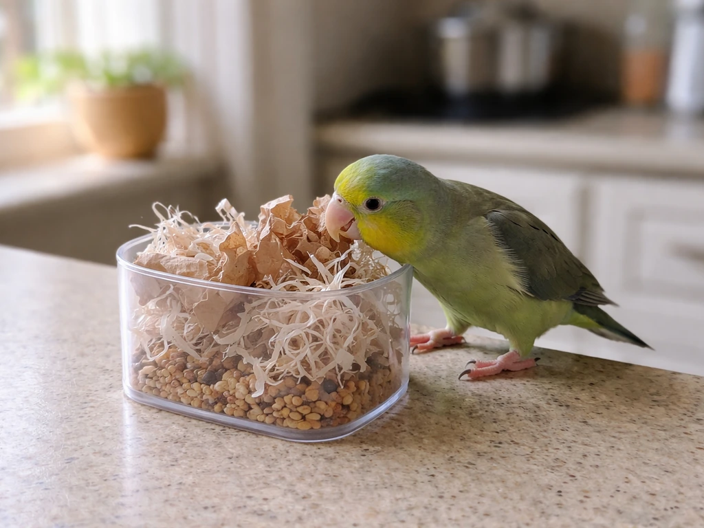 Pet bird pecking a paper-and-food foraging feeder on a countertop.
