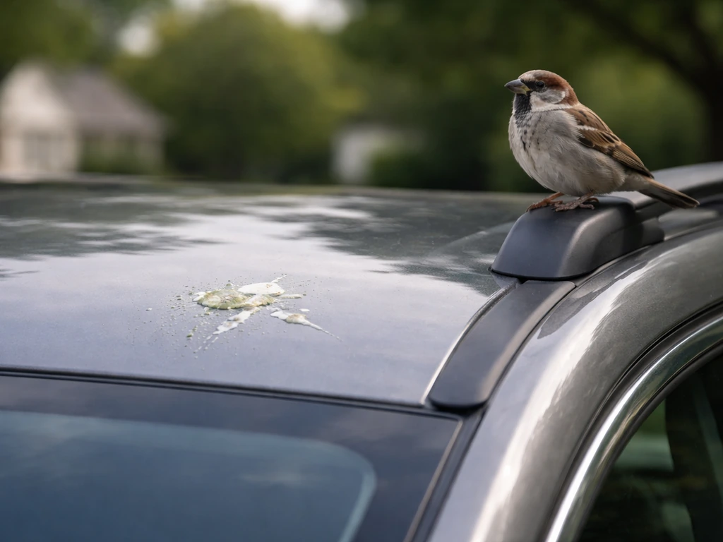 A parked car with fresh bird droppings on the hood/roof and a small bird perched nearby.