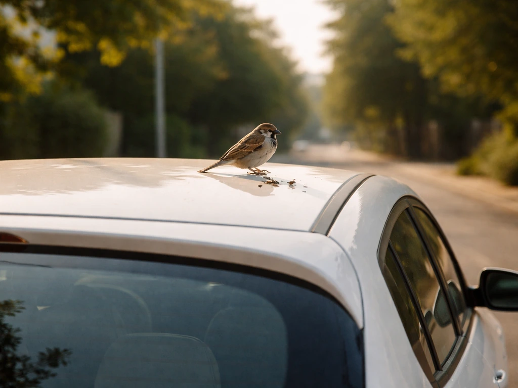 Sunlit car with a bird perched on top and small droplet droppings, symbolizing unexpected luck and cleansing.
