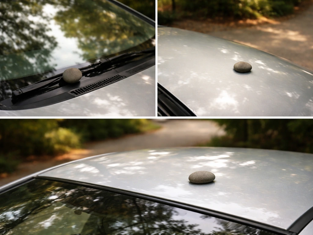 Parked car with a small object resting near the windshield, hood, and roof in separate focal areas.