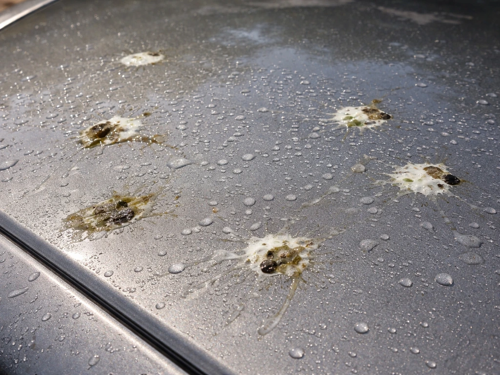 Close-up of bird droppings on a car paint surface with wet acidic-looking spots and cleaner sheen