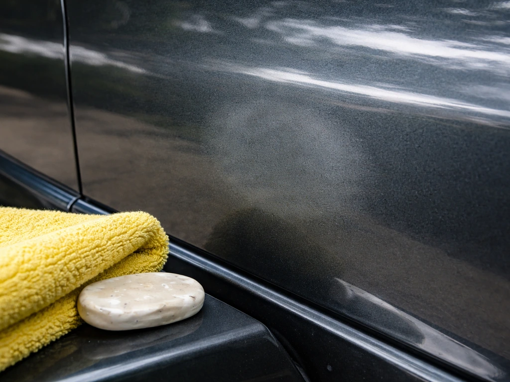 Close-up of a car’s clear coat with a dull etched spot after cleaning, with microfiber and detailing clay nearby.