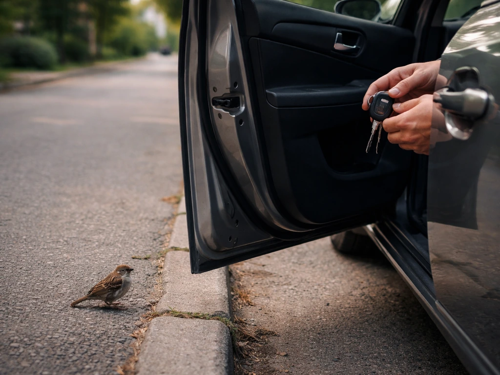 Person’s hands by an open parked car door as a small bird nearby on the pavement.