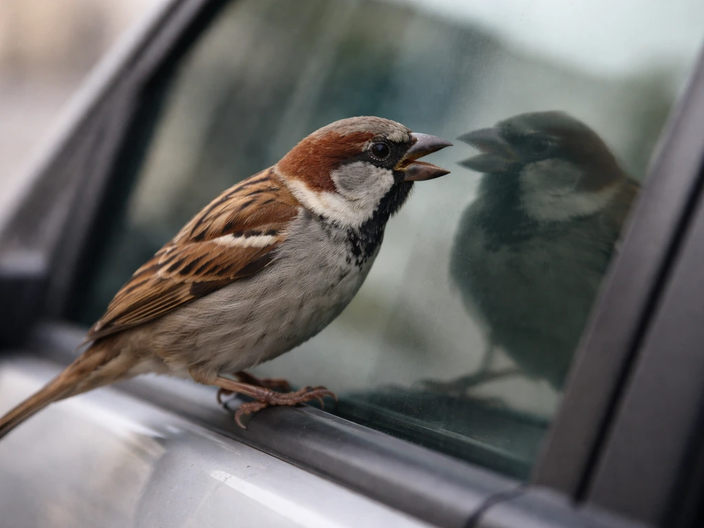 Close-up of a small bird pecking a car window, attacking its reflection.