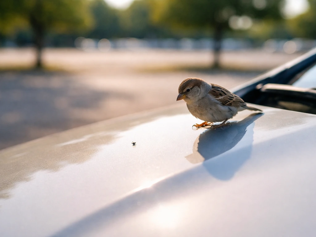 Small bird near a car hood in direct sun, focused on insects around the warm engine area.