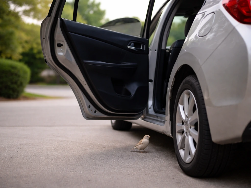Small bird near a car door with exits open and clear space around—no people or pets in frame.
