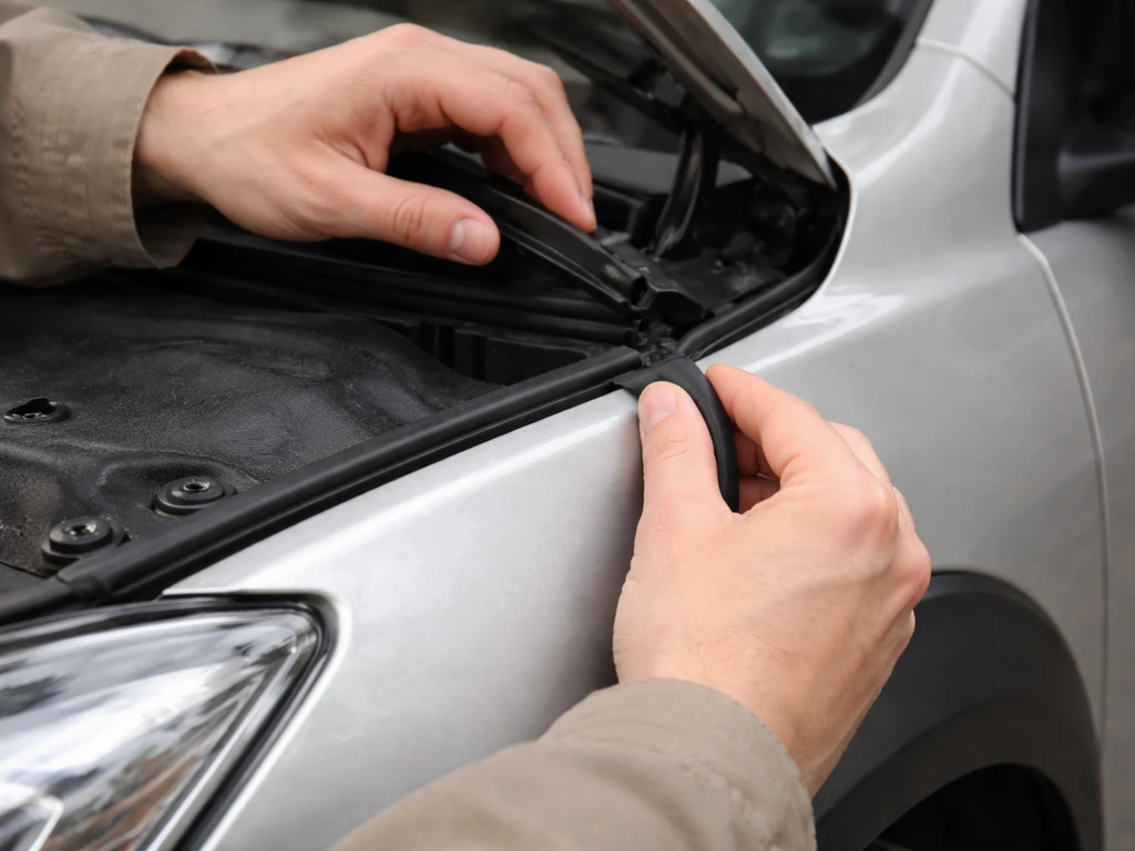 Close-up of hands sealing a car wiper recess and checking wheel/hood gaps to block bird entry points.