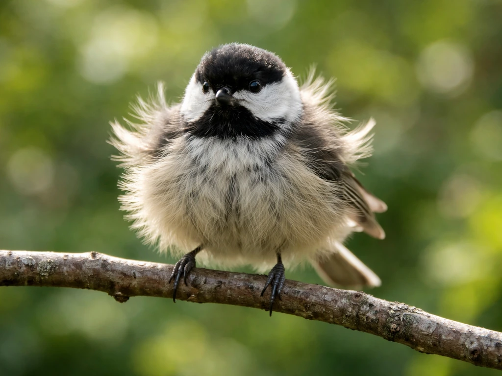 Small bird perched on a branch mid-ruffle, feathers lifted then settling in natural light.