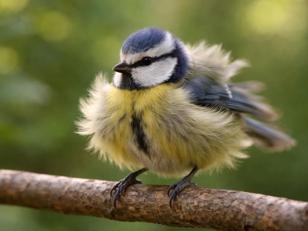 Close-up of a small bird on a branch mid-feather ruffle, rippling motion as it resettles.