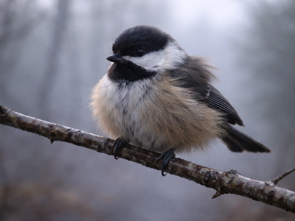 Small bird ruffling its feathers on a cool morning, standing on a branch with soft foggy light