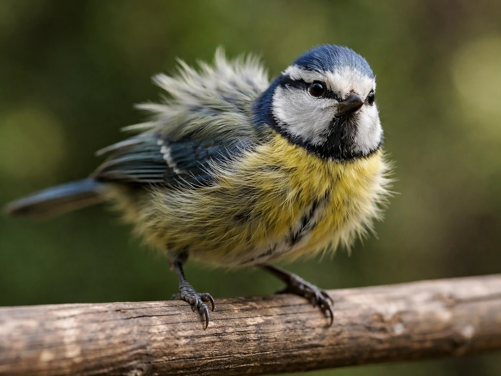 A small bird with feathers sharply ruffled and an alert posture on a simple perch