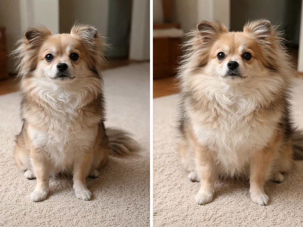 Side-by-side dogs showing brief normal ruffling vs prolonged puffing with subtle breathing changes.