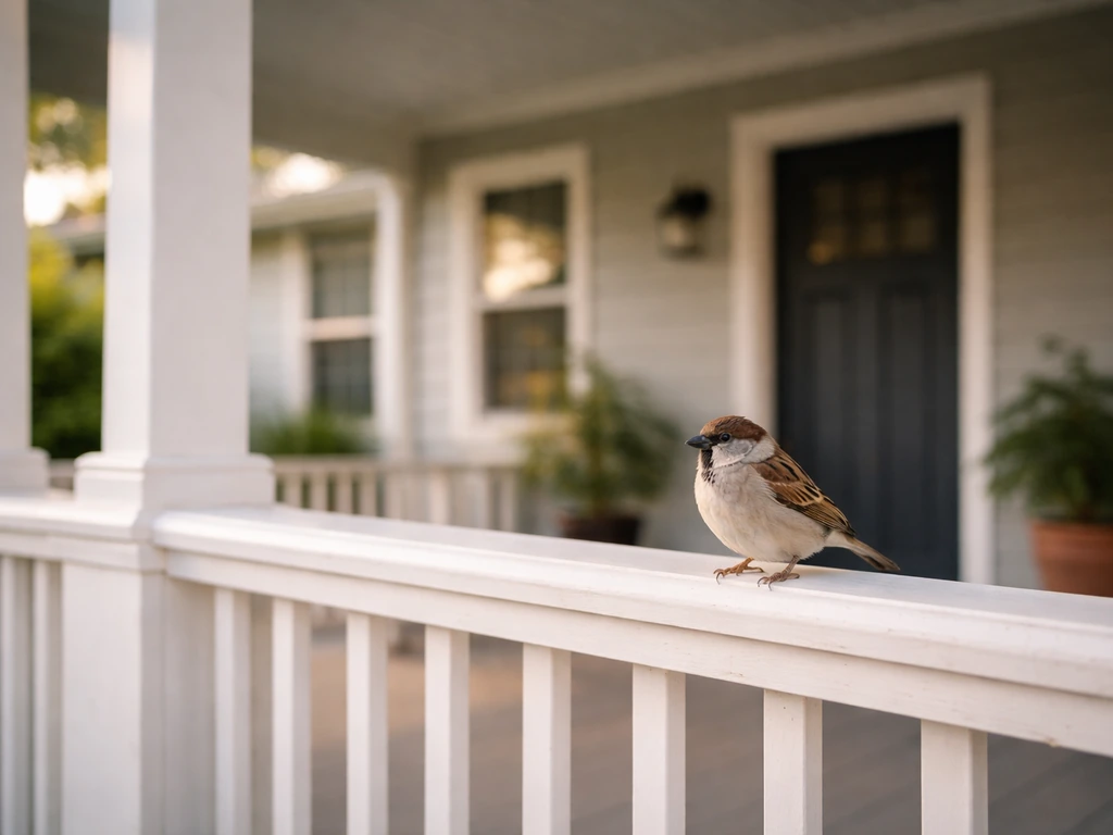 A small bird perched on the edge of a covered front porch awning.