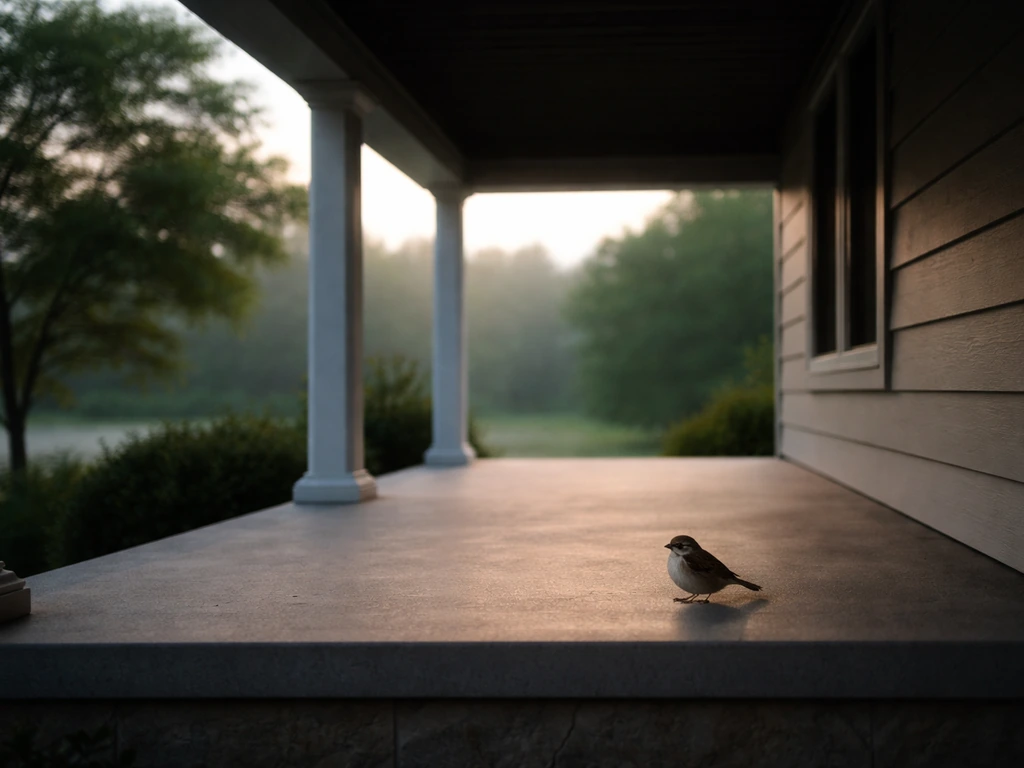 A small bird perches under a covered porch overhang casting shade from sun and rain.