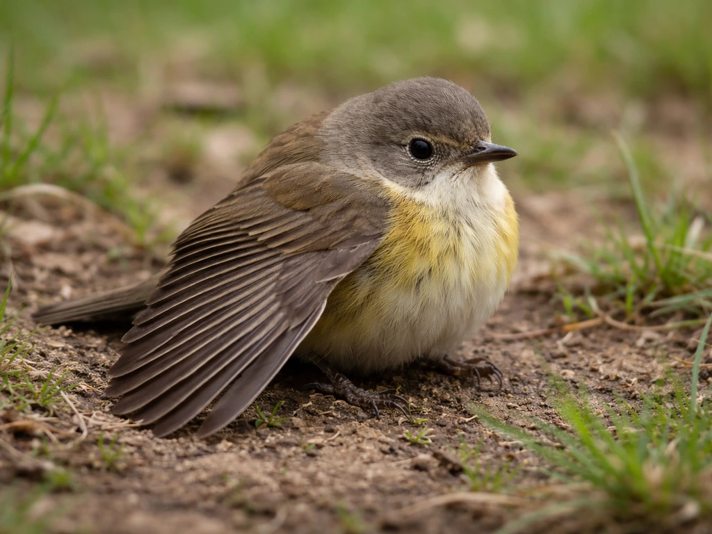 Close-up of a small bird holding still with a drooping wing and protective posture outdoors