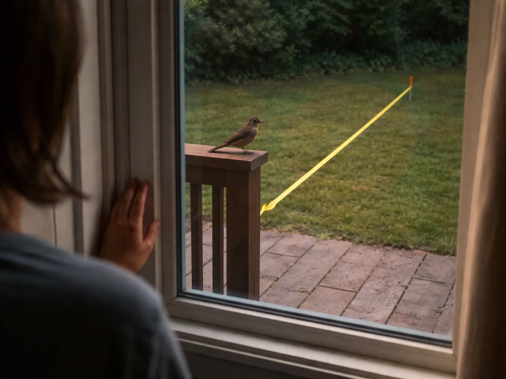 Person observing a small wild bird from inside behind a window, keeping distance behind glass.