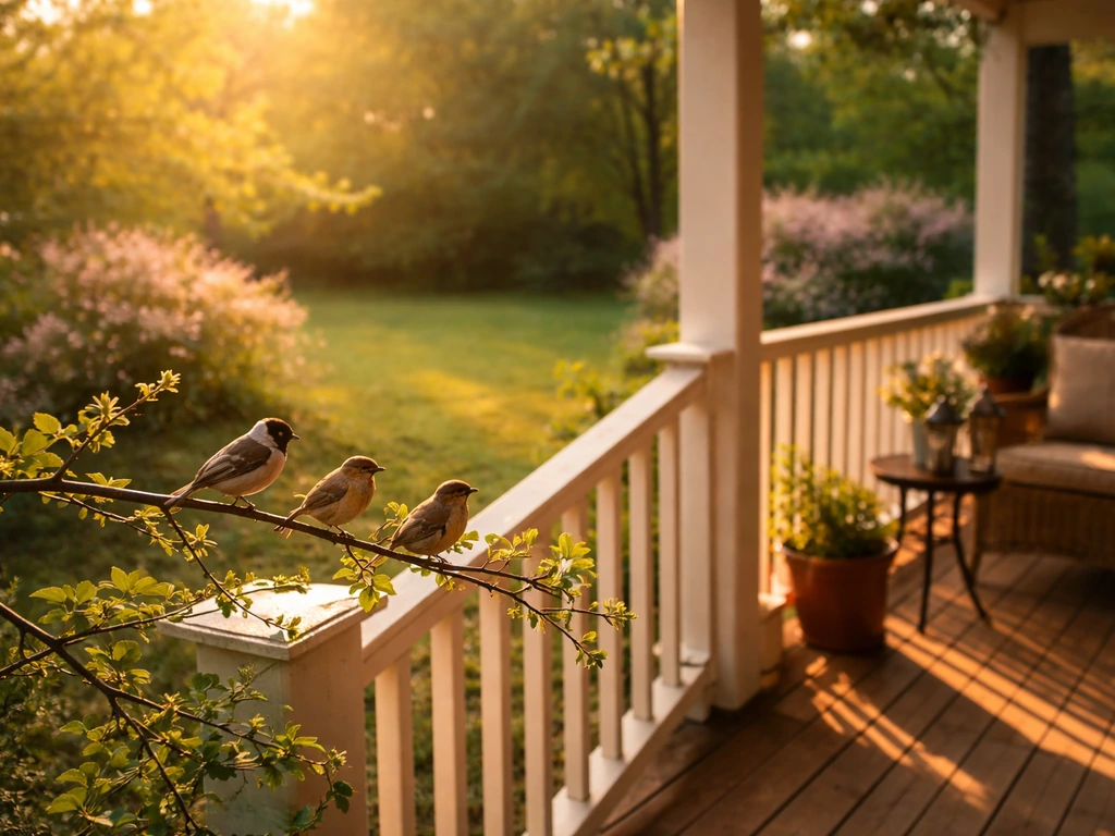 Warm late-spring porch with small birds perched and a softly blurred backyard lawn behind them.