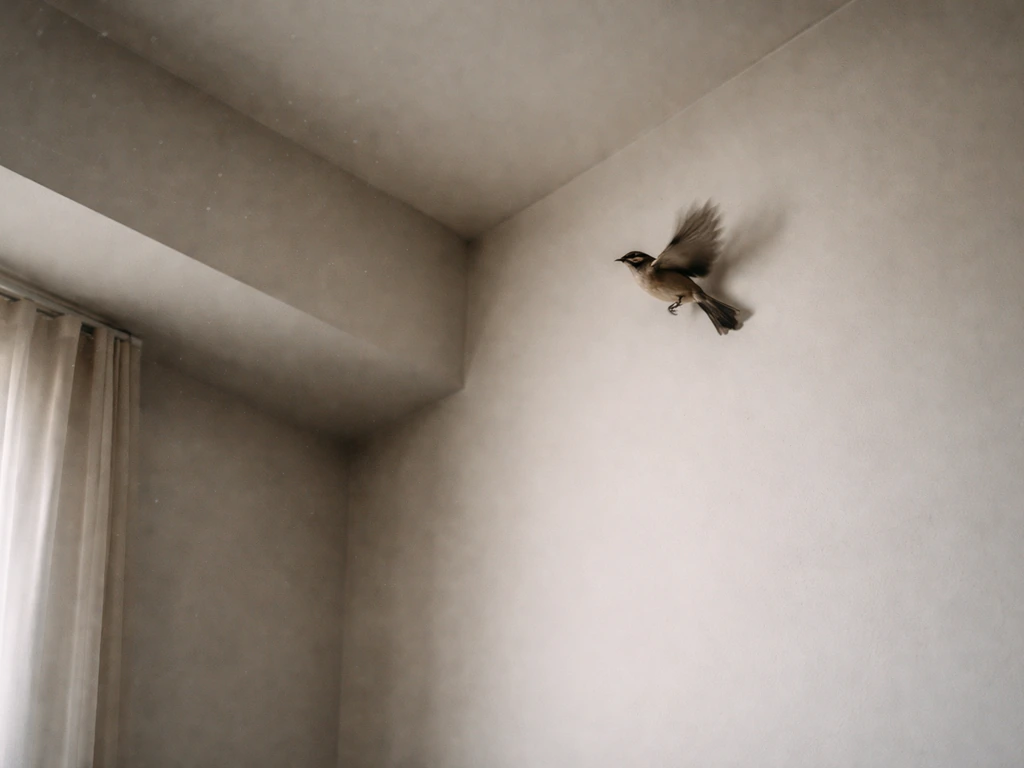 A small panicked bird fluttering erratically near an indoor wall, wings blurred, trapped feeling