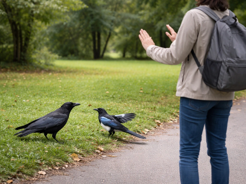 Person stands back calmly from an alert crow and magpie in a quiet park.