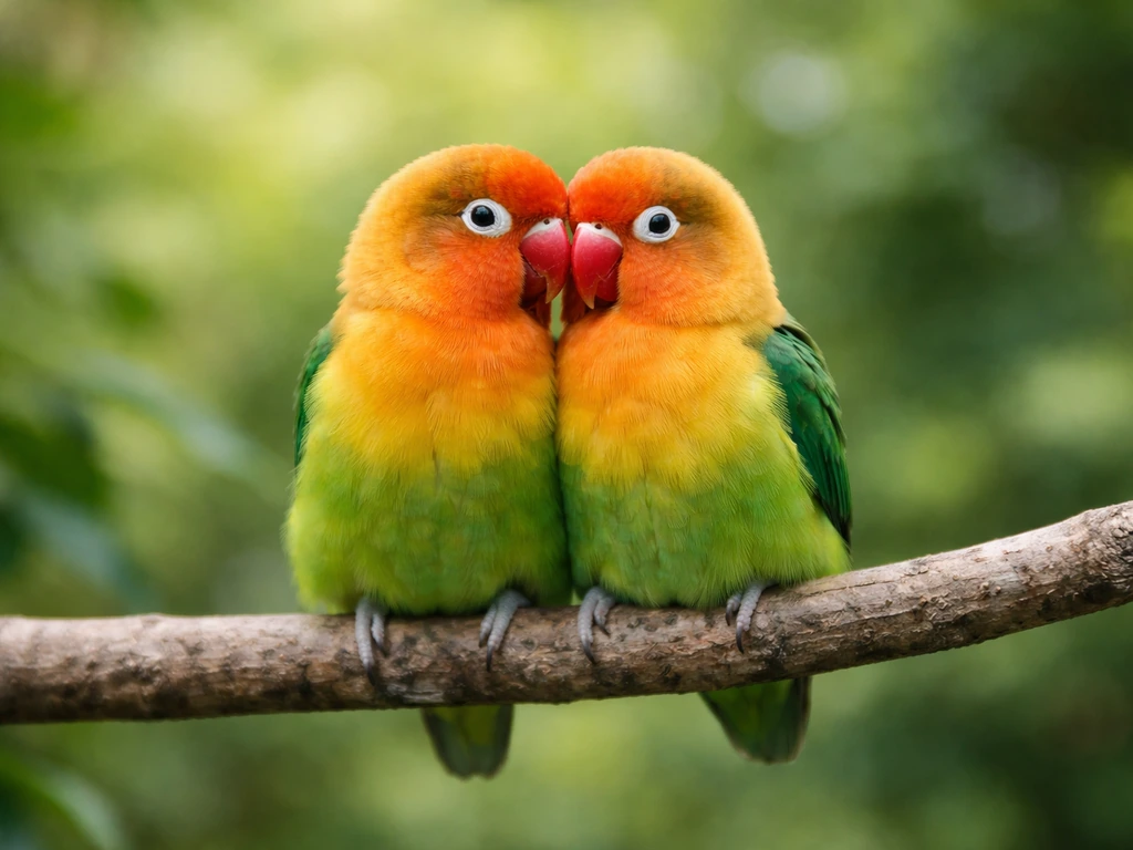 Two lovebirds nestled together on a branch, symbolizing monogamy and devotion in a simple natural setting.