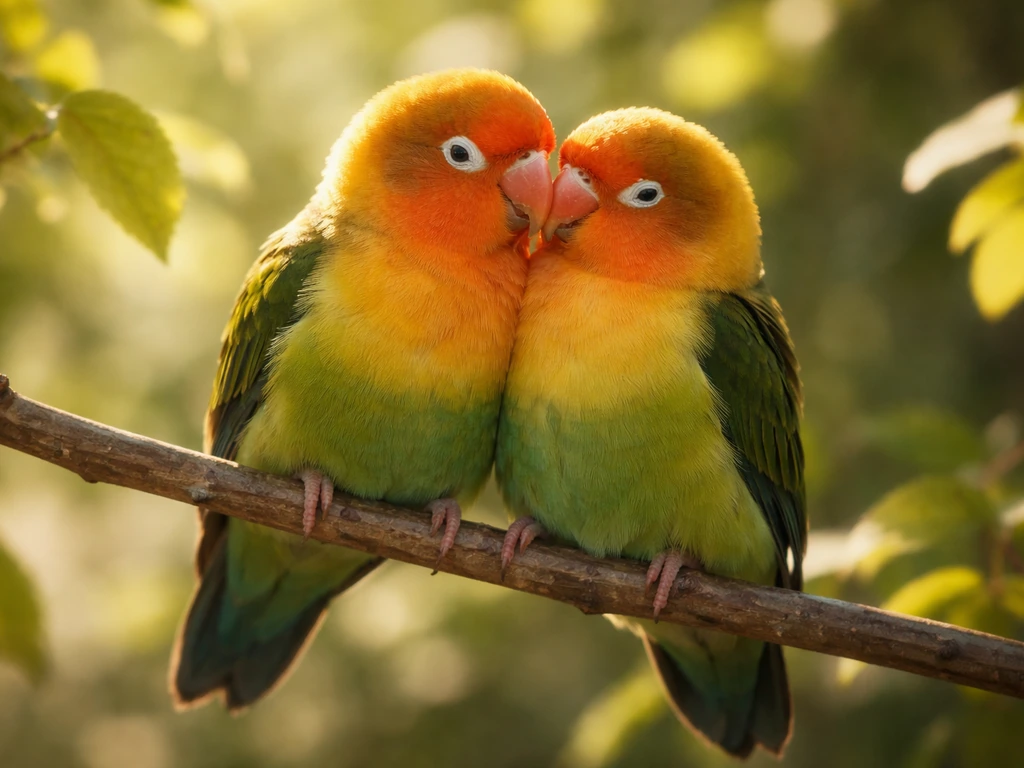 Two lovebirds perched on a branch, nuzzling in a romantic, non-graphic mating posture.