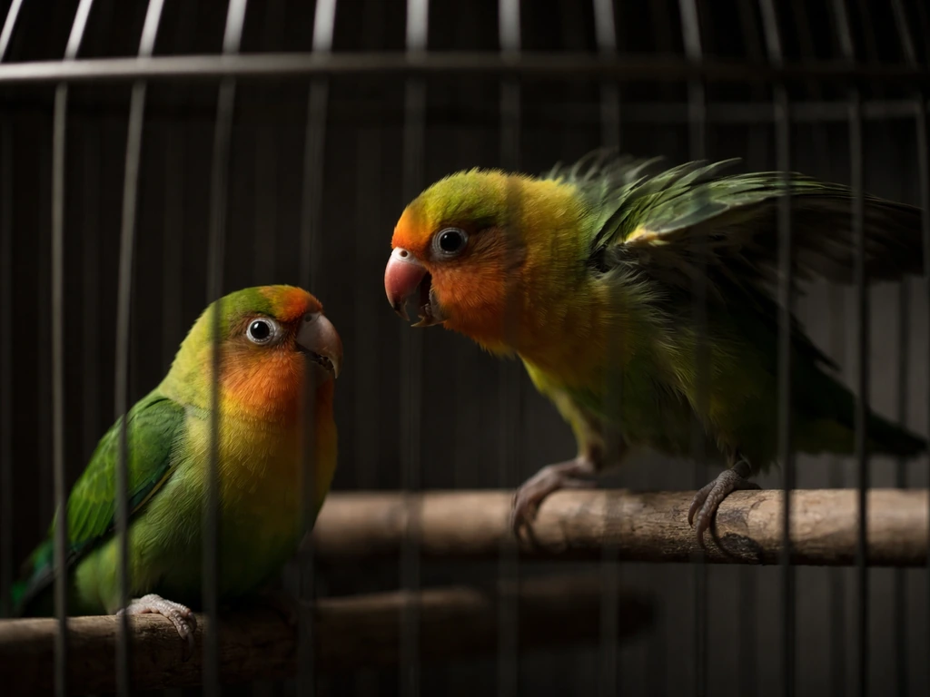 Two small lovebirds tense inside a simple cage, shadows and muted tones suggesting conflict