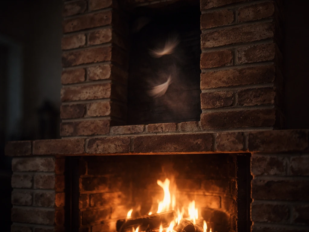 Fireplace and chimney with faint feather movement near the flue opening, suggesting a bird inside.