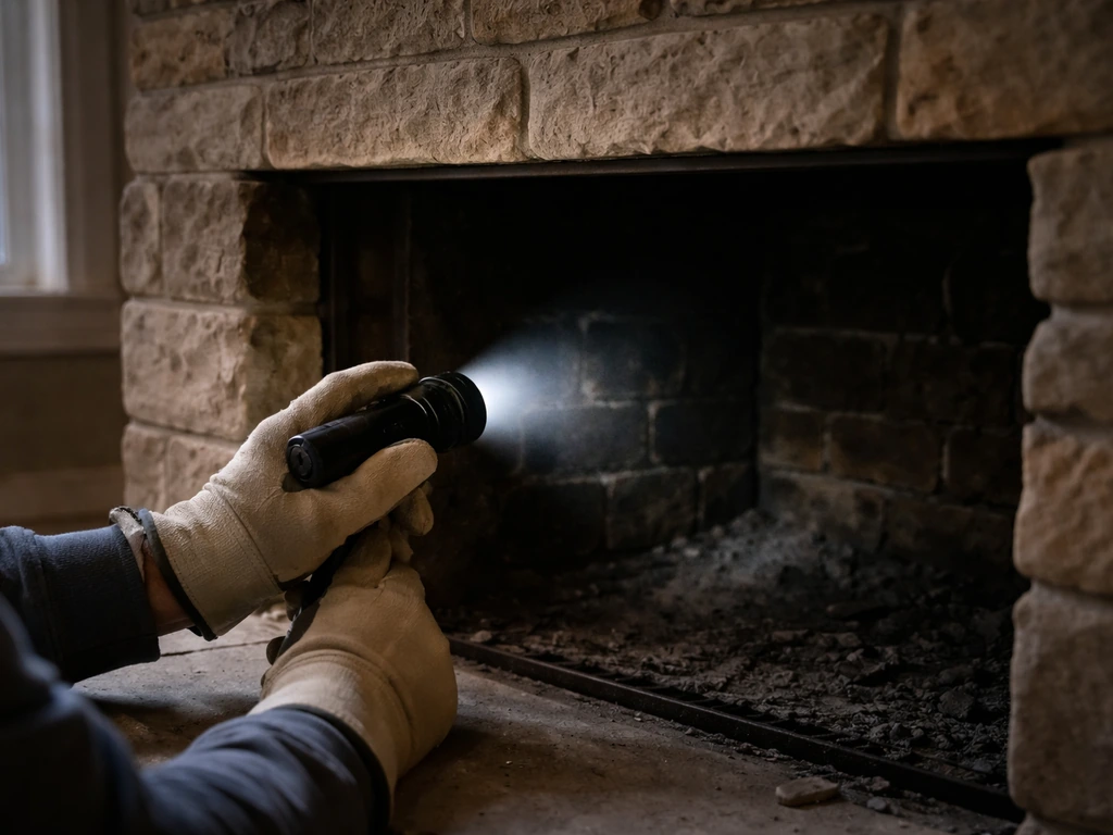 Homeowner’s hands and flashlight near a fireplace opening, comparing chimney noise source to bird chirps.