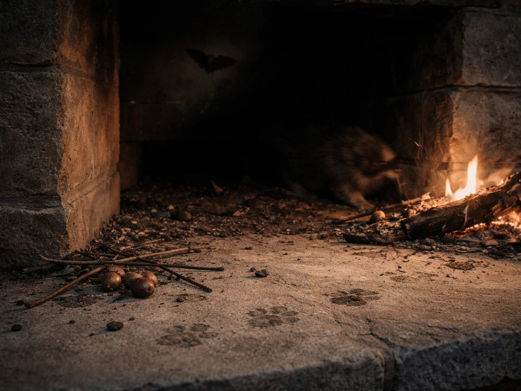 Close view of a fireplace opening with subtle animal activity cues suggesting raccoon, squirrel, and bat sounds.