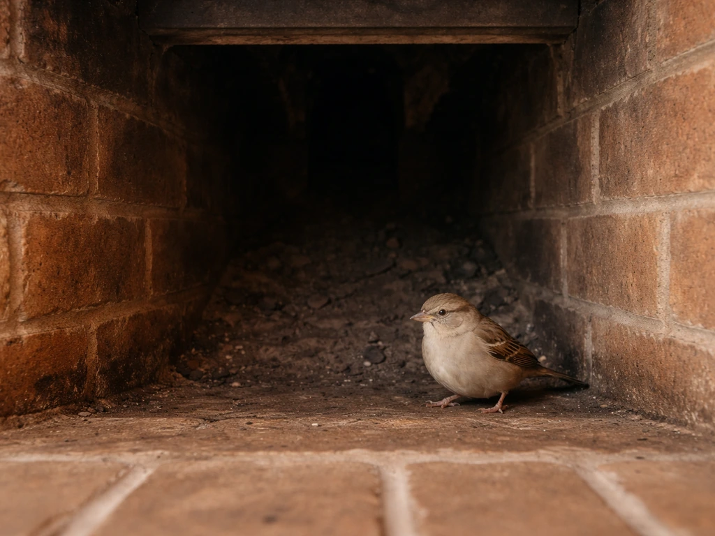 Open fireplace damper with a small bird in the firebox area, showing a clear downward path.