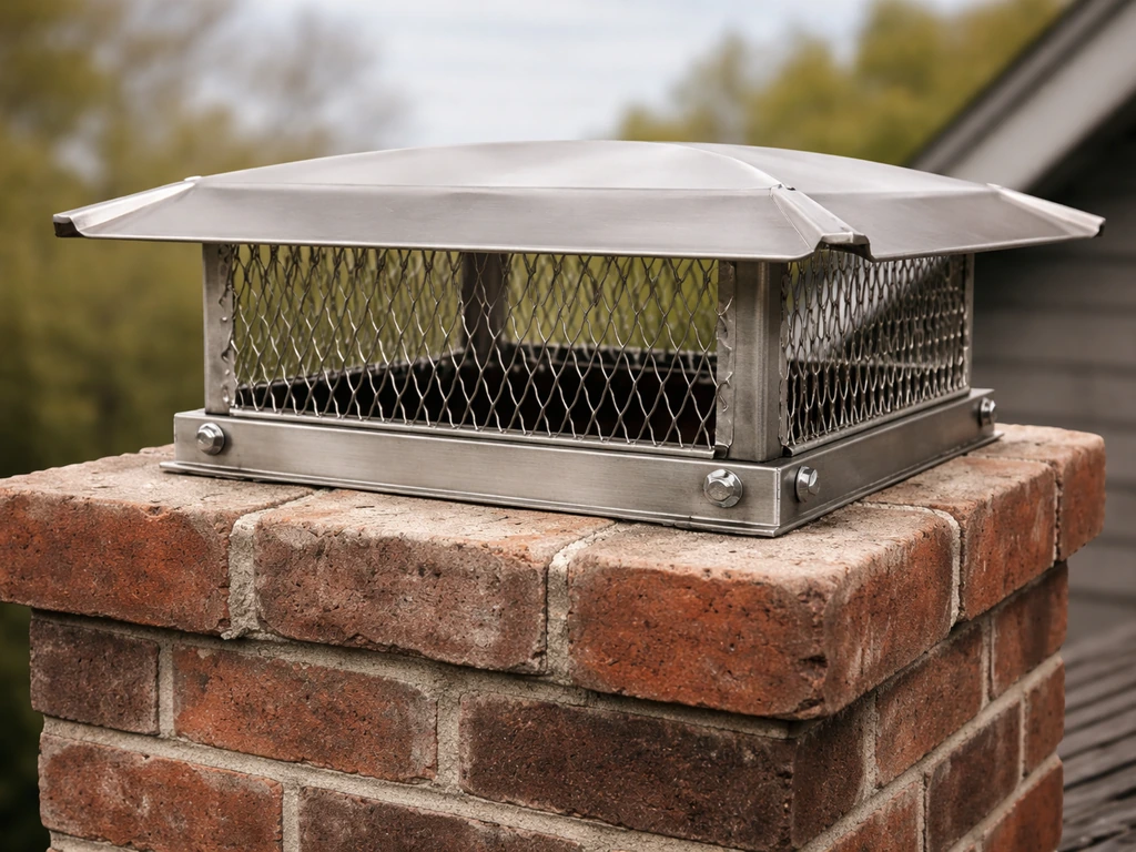 Close-up of a chimney top with a fitted stainless chimney cap and wire mesh blocking animals from the flue.