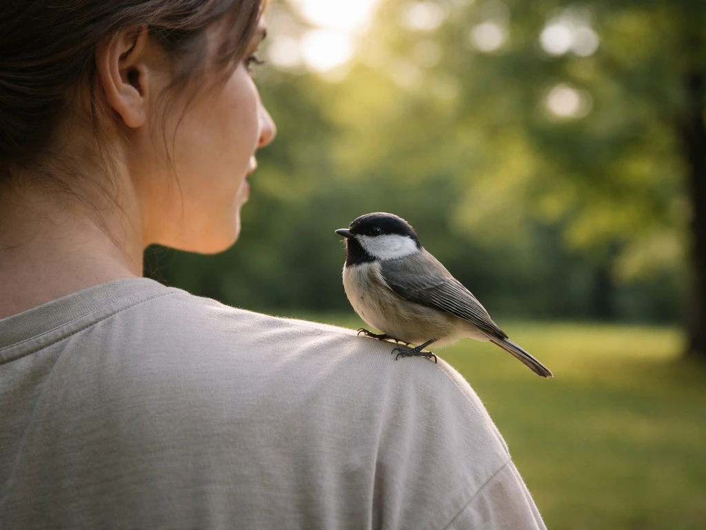 A small bird perched on a person’s shoulder outdoors in soft natural light