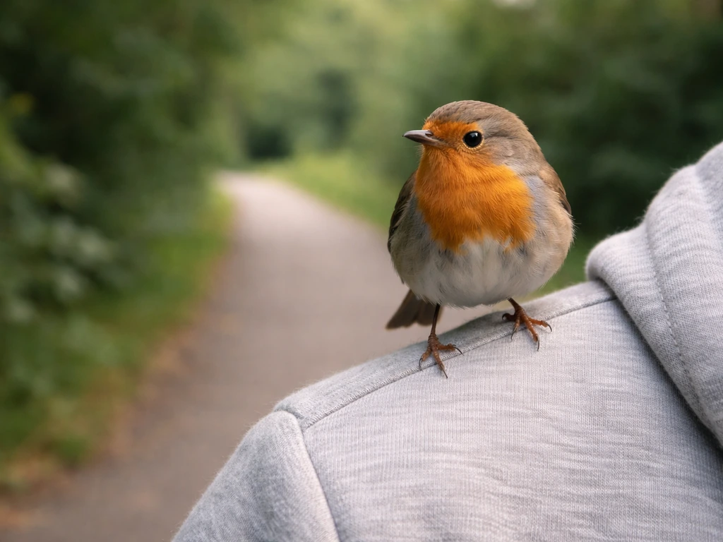 Small bird perched on a person’s shoulder in soft natural outdoor light, feet visible.