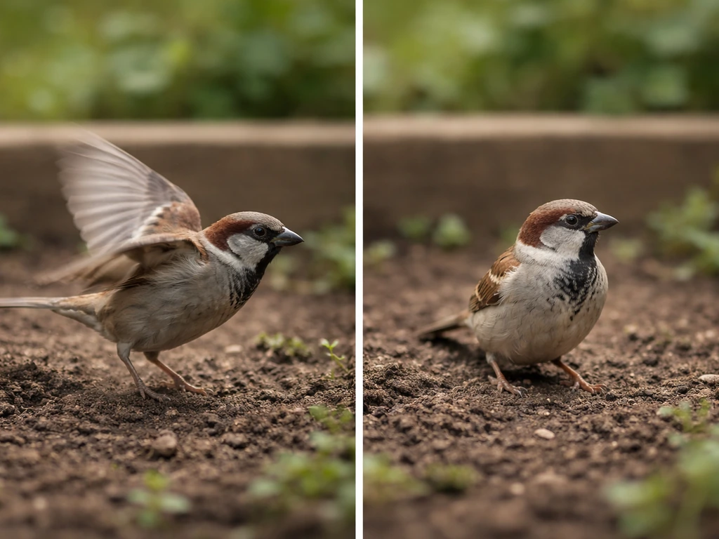 Side-by-side images of a small bird briefly landing then flying vs lingering on the same spot.