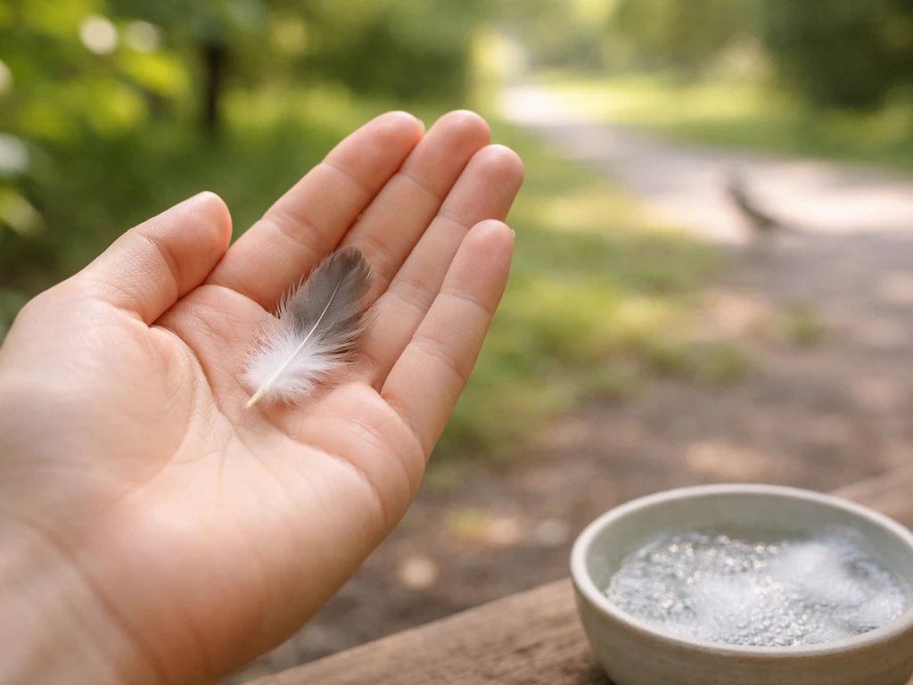 Hand holding a small feather outdoors with a little soap-and-water nearby as a wildlife-contact reminder.