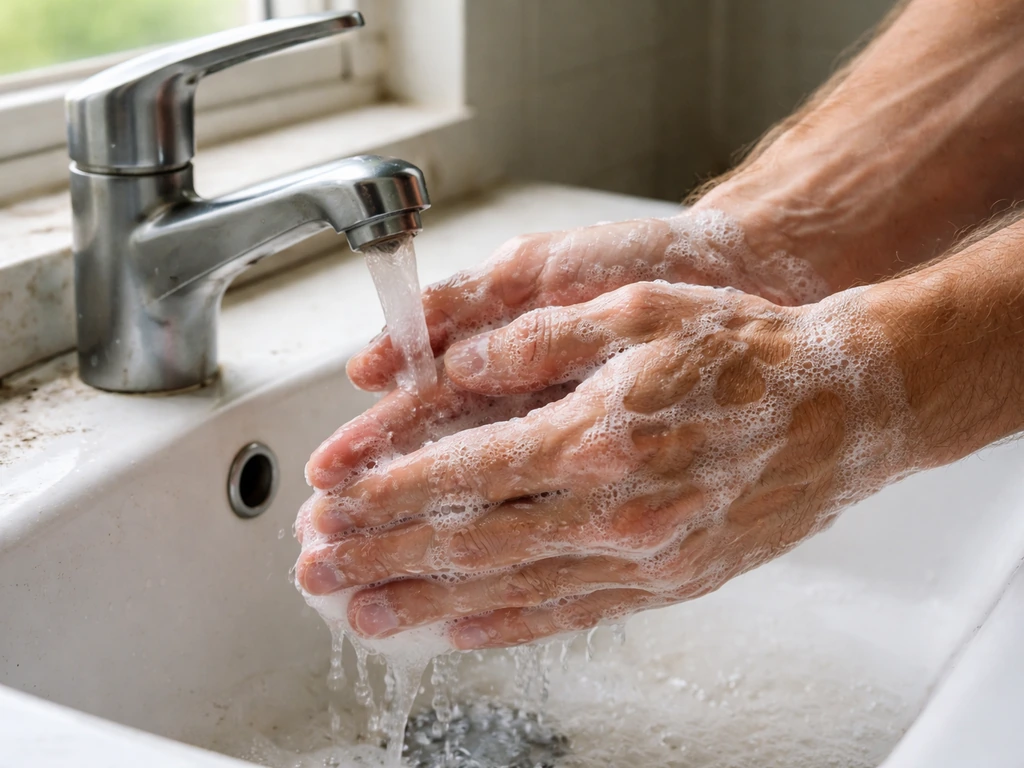 Hands washing with soap under a faucet, water and foam visible after outdoor bird contact.
