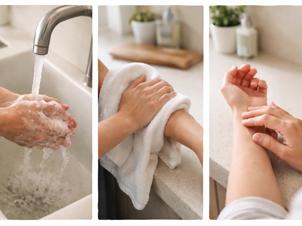 Three-panel sequence: washing hands, wiping skin with a cloth, and checking for irritation.