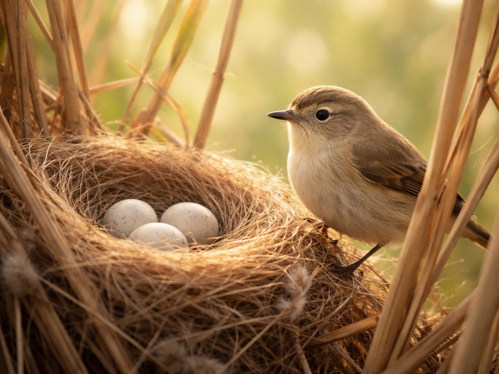 Small bird perched by its nest with eggs, calm morning light and hopeful new beginnings.