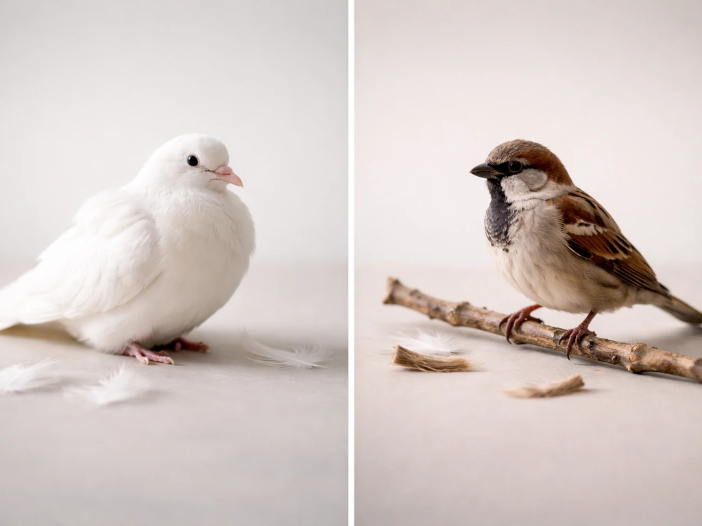 A white dove and a brown sparrow shown side-by-side on a simple tabletop setting.