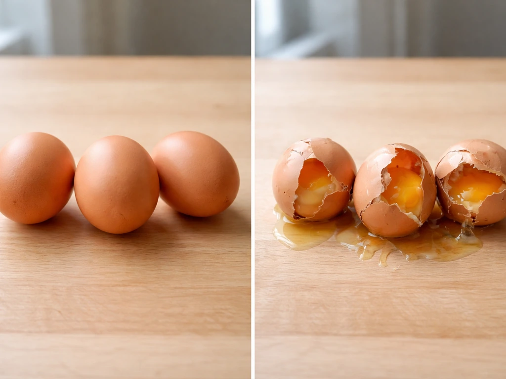 Side-by-side view of intact warm eggs and cracked eggs on a light wooden surface.
