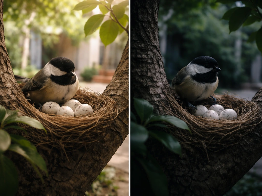 A bird tending a nest with eggs in a tree, calm light on one side and tense shadows on the other.