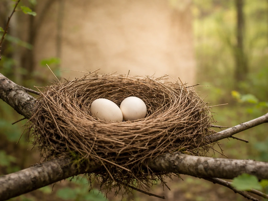 Outdoor bird nest with two eggs on a small branch, with a subtle parchment-like background glow