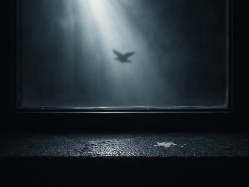 Surreal night window ledge with a faint bird silhouette and a subtle splash of droppings amid soft spiritual light beams