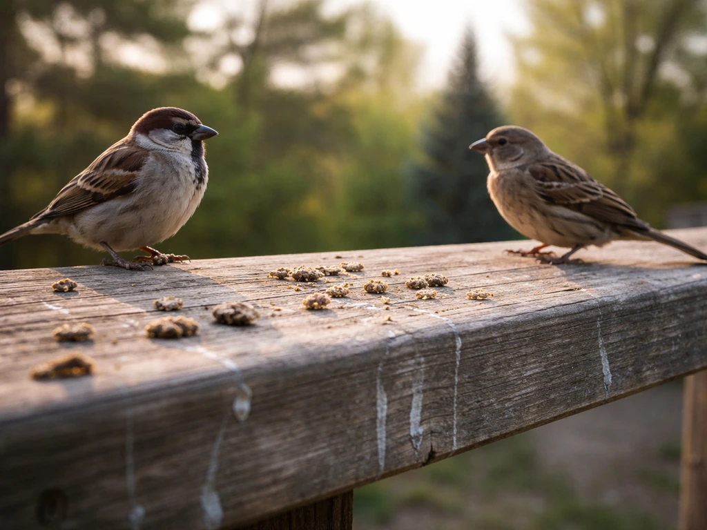 Close-up of birds perched on a familiar outdoor roost, with a few droppings visible on the perch.