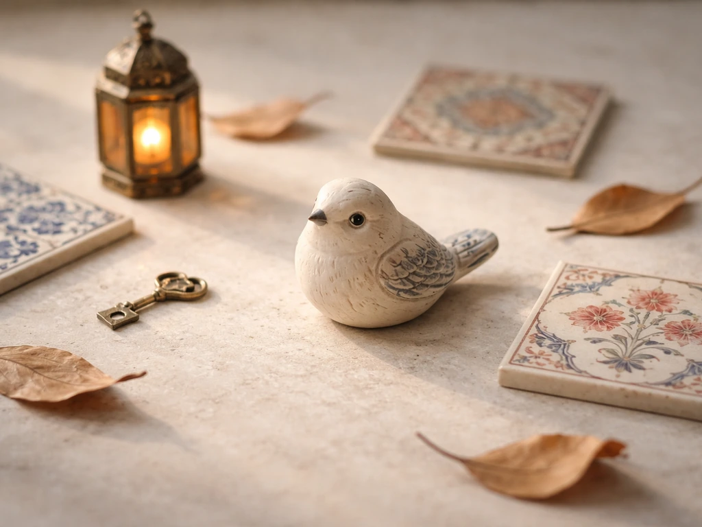 Small bird figurine and folklore-inspired charms on a stone surface suggesting varying omen traditions.