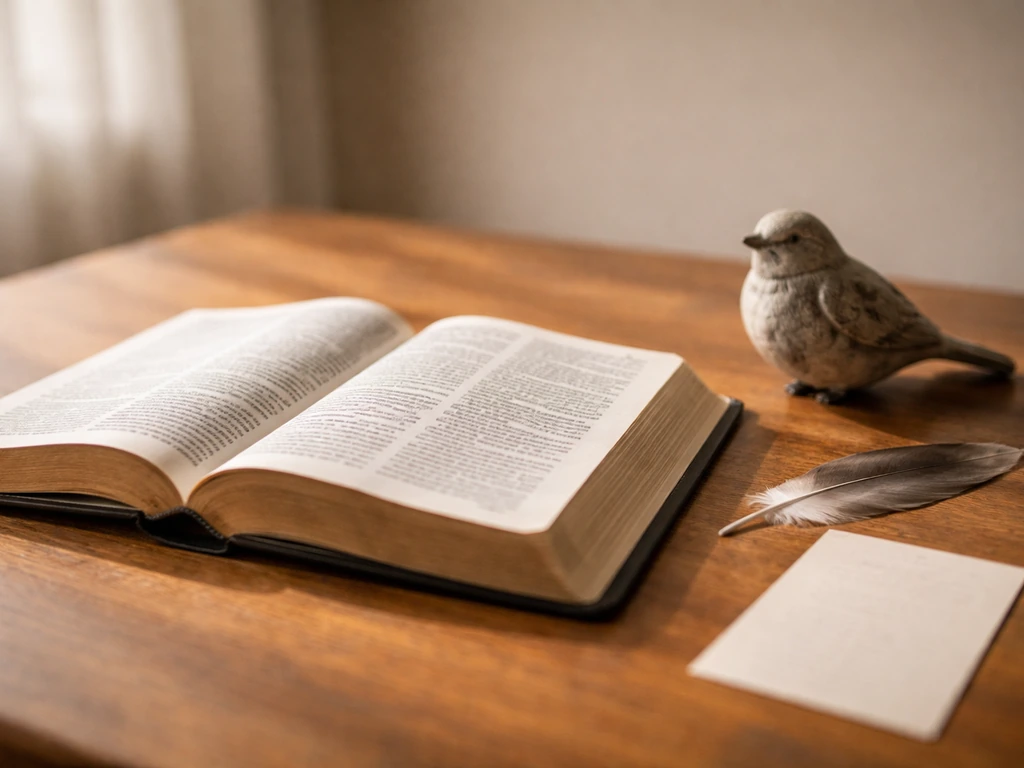 Open Bible on wood with small bird figurine, feather, and a simple prayer card nearby.