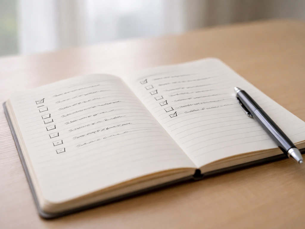 Close-up of an open notebook with handwritten-style prompts and ticked checkboxes on a desk.