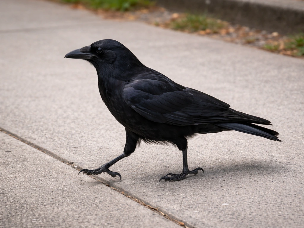 American crow stepping across a sidewalk path from a pedestrian viewpoint