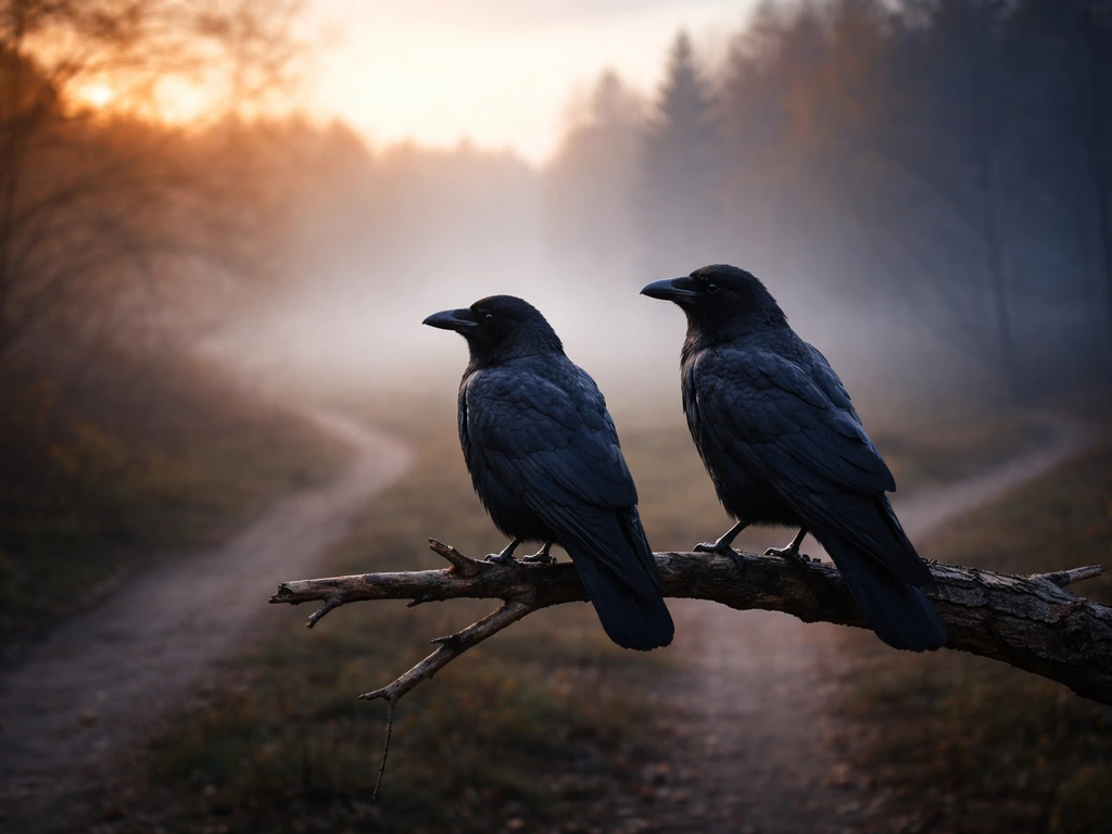 Black crow and raven perched on branches near a quiet dawn crossroads landscape