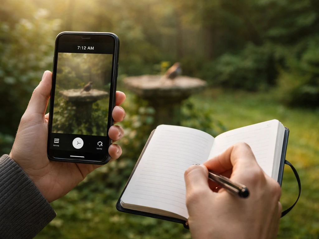 Hands holding a phone and notebook to record a bird’s behavior and timing in a backyard.